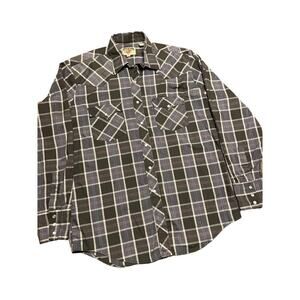 Authentic Western Youngbloods Western Shirt M Grey Plaid Pearl Button